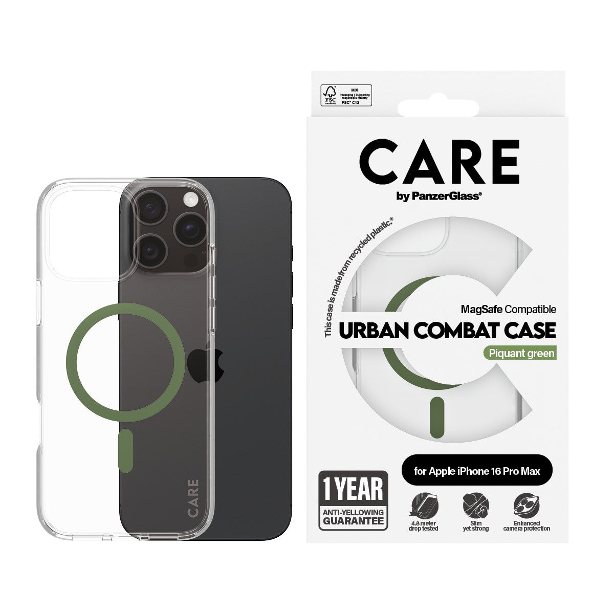 CARE by PanzerGlass® Flagship Case Transparent Urban Combat m. Grün MagSafe iPhone 16 Pro Max